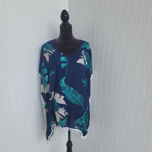 Adreamly Womens Navy Blue Leaves Swim Cover Up Tassels Beach Vacation M/L